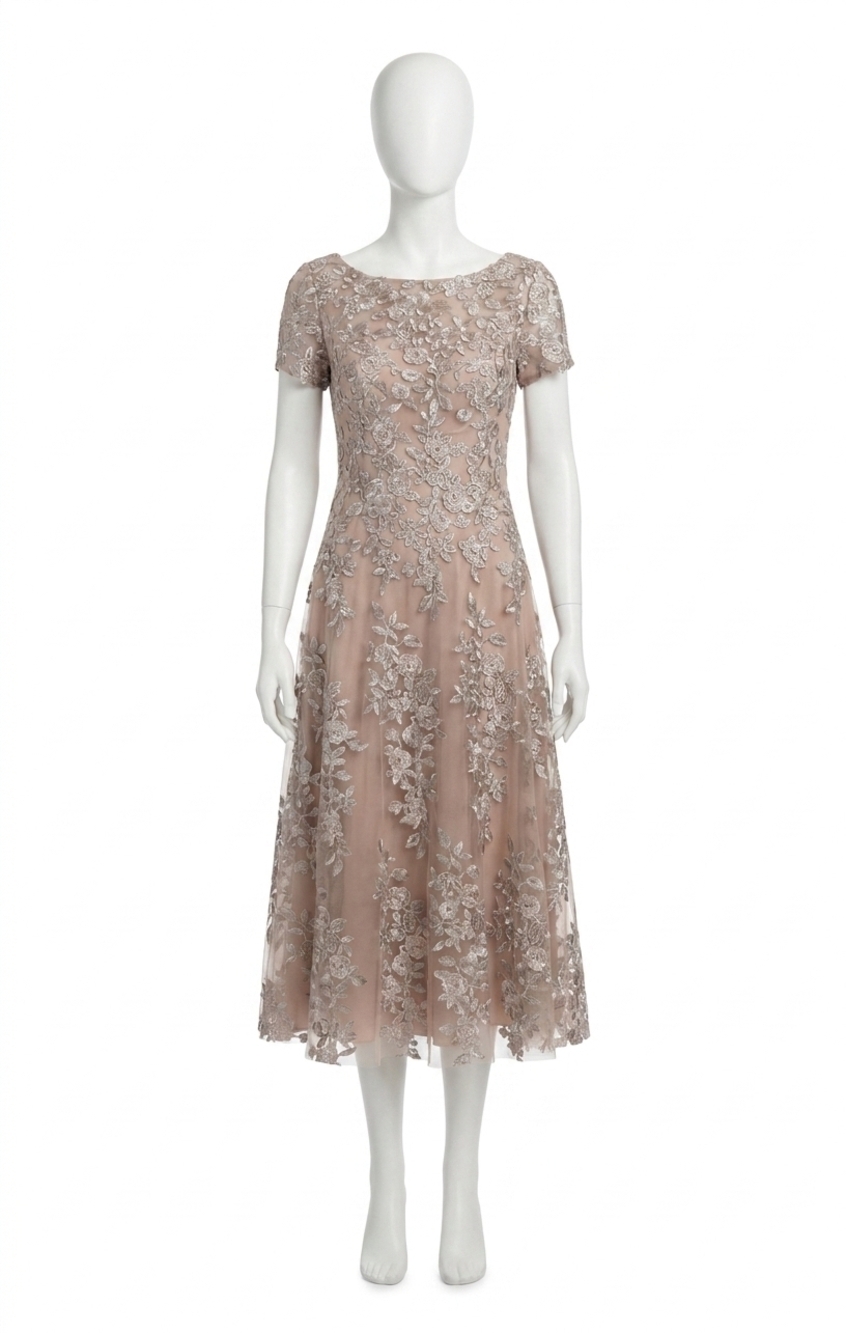 NEW LA FEMME tea length tulle dress in champagne